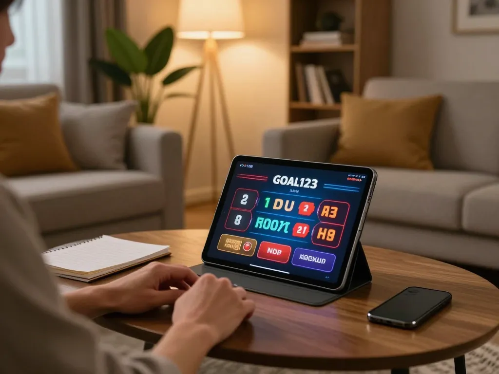 Player enjoying goal123 casino on a tablet in a cozy living room, showcasing strategic gameplay and responsible gambling.