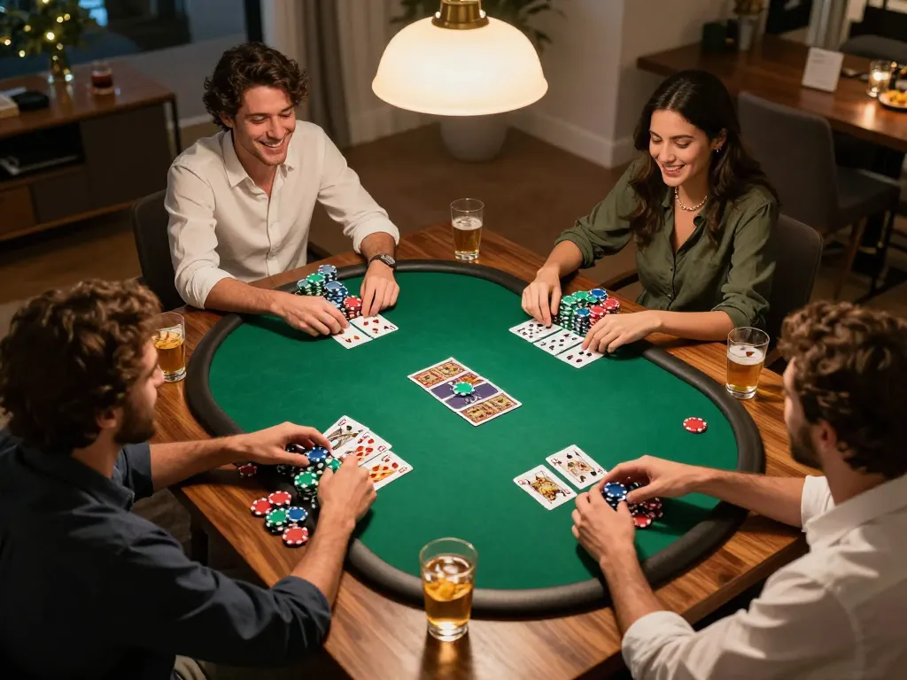 Engaging home poker night scene showcasing social strategy gaming with friends at taixiusunwin.art.