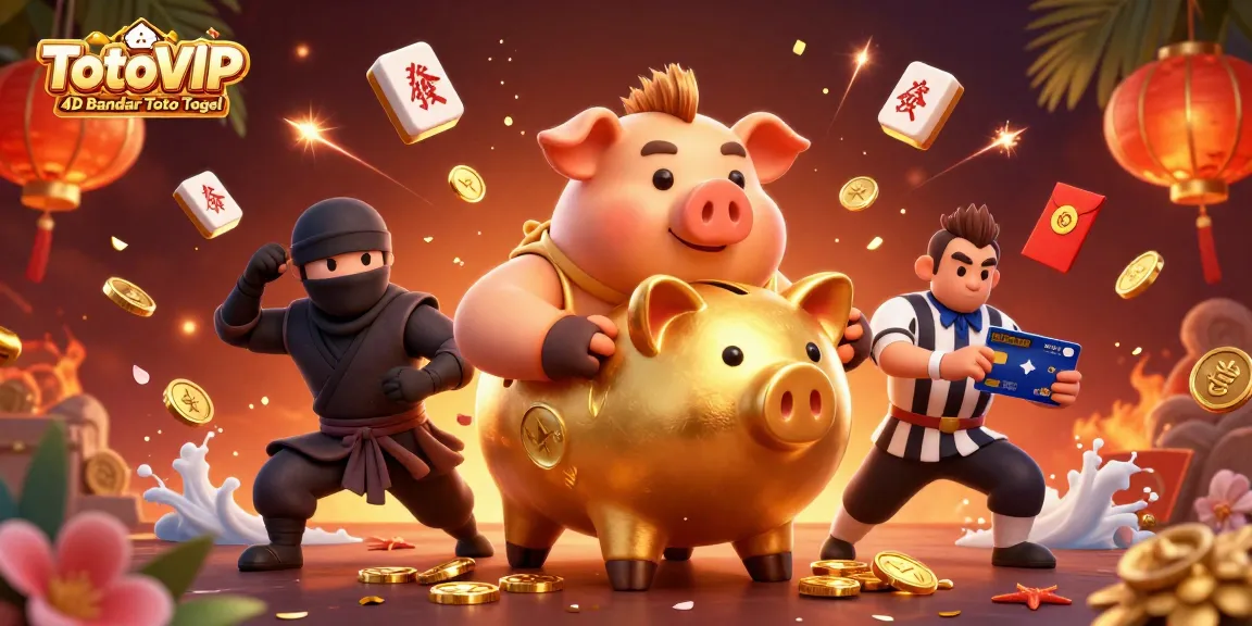 TotoVIP 4D Bandar Toto Togel brings vibrant excitement with golden piggy bank sumo wrestler and engaging gambling elements.