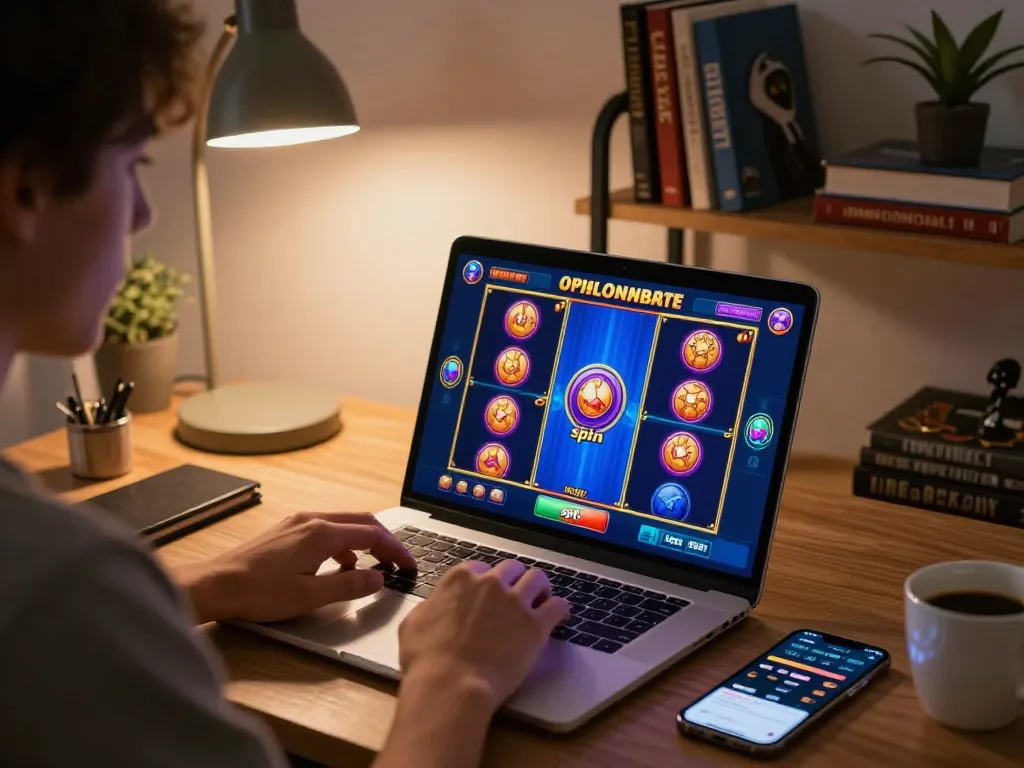 Player engaging with a slot game on a laptop, showcasing strategy and excitement