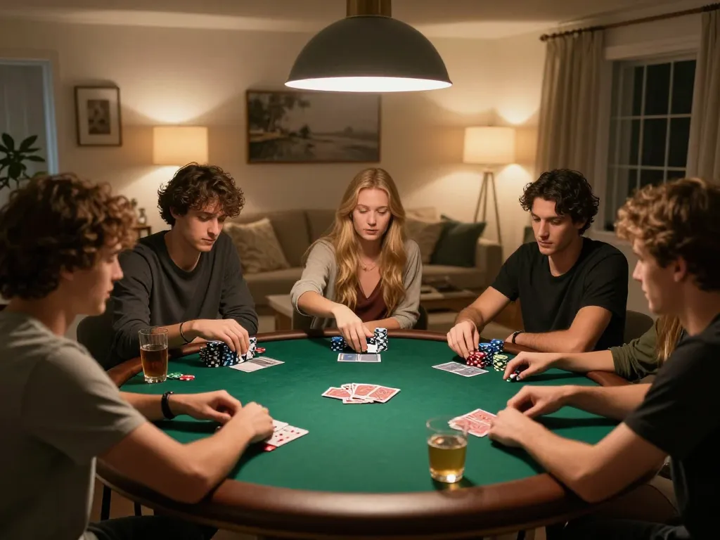 Engaged friends playing poker at home under warm lighting, showcasing the 888New thrilling experience.
