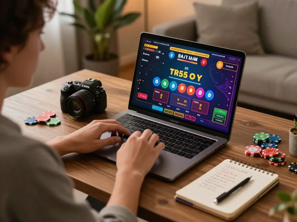 Playing baccarat online at home with Vmax ok on screen, engaging gaming atmosphere, cozy setup.