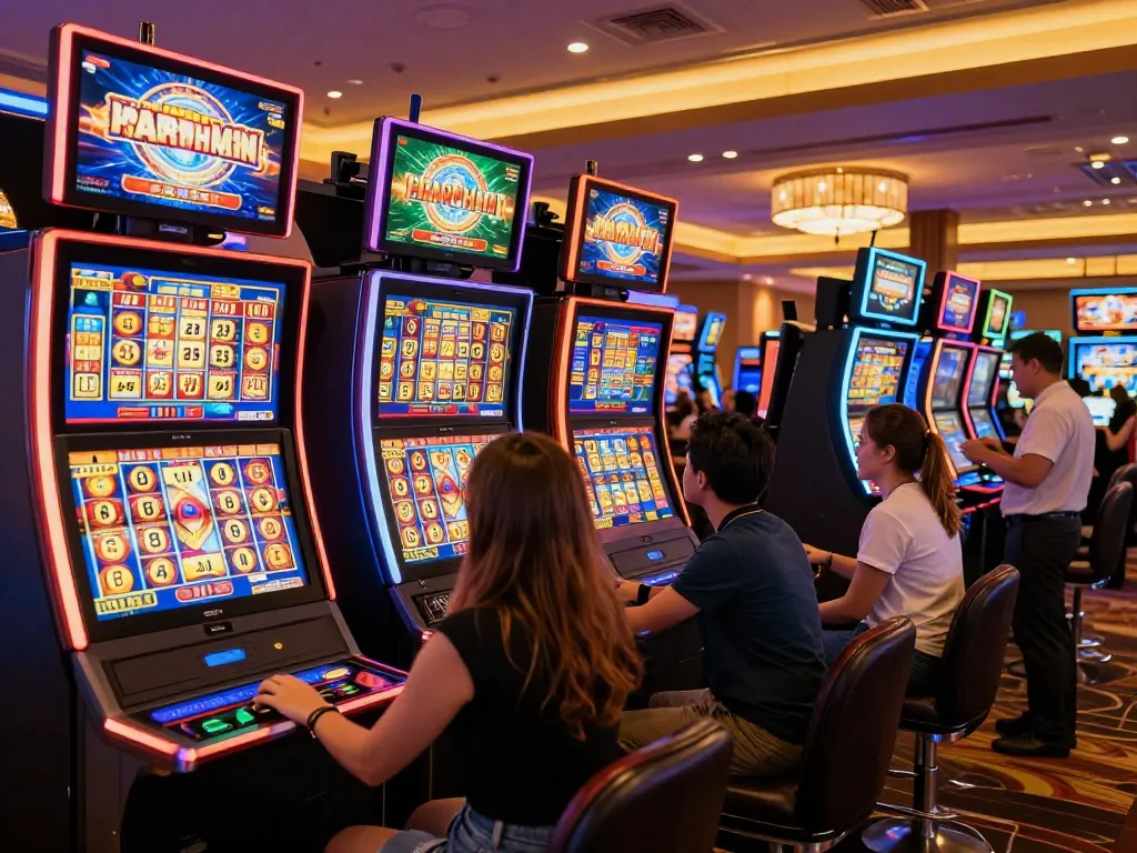 Players enjoying the excitement of dewaslot games at colorful casino slot machines.