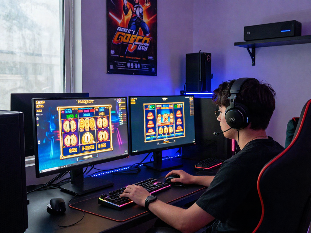 Player enjoying slot gacor games in a vibrant gaming setup, showcasing advanced gaming gear.