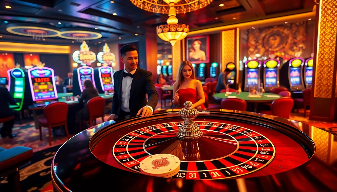 Engaging game queen scene at a vibrant casino with luxury roulette and players in action.