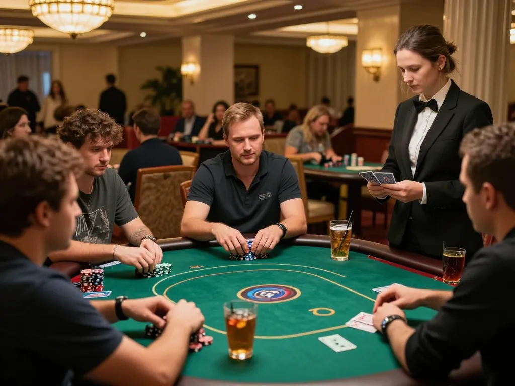 Thrilling poker action at 888New casino as players celebrate winning hands amid vibrant atmosphere.