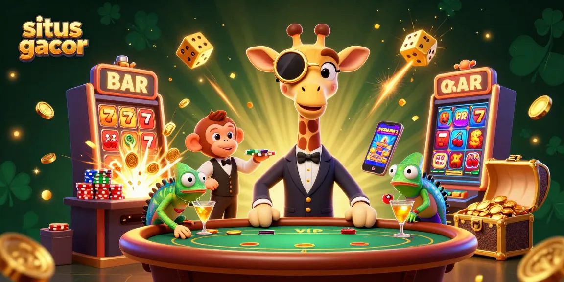 Join the excitement at situs gacor as a high-roller giraffe and friends celebrate casino wins!