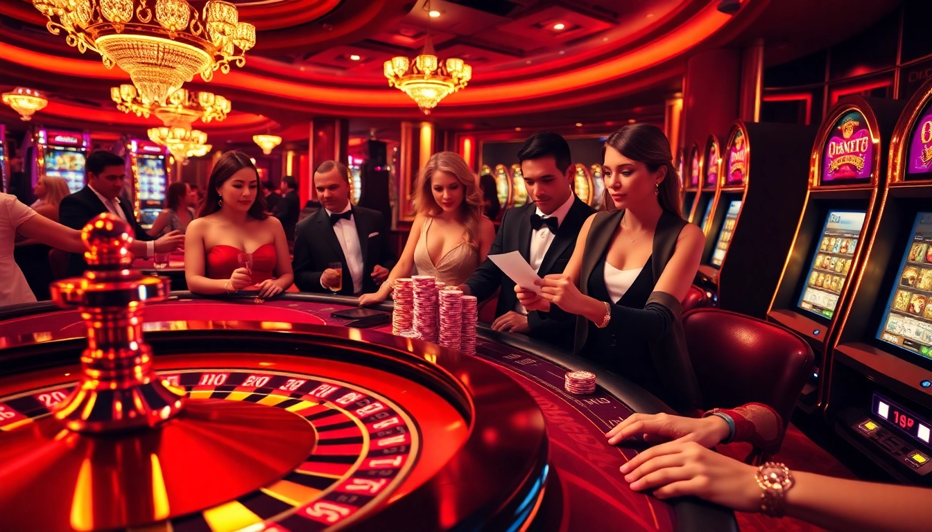 Daga's thrilling casino atmosphere with players at poker and roulette tables, showcasing excitement.