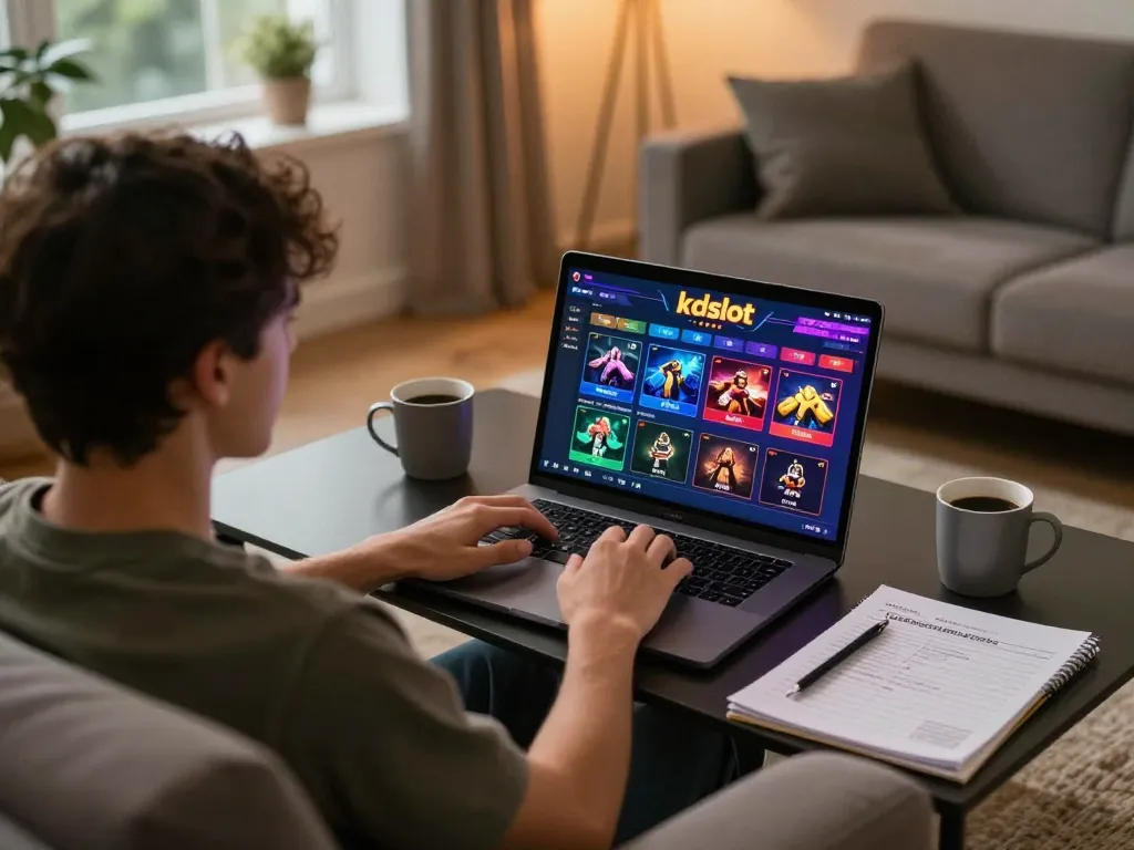 Player engaging with kdslot on a laptop during a cozy home gaming session.