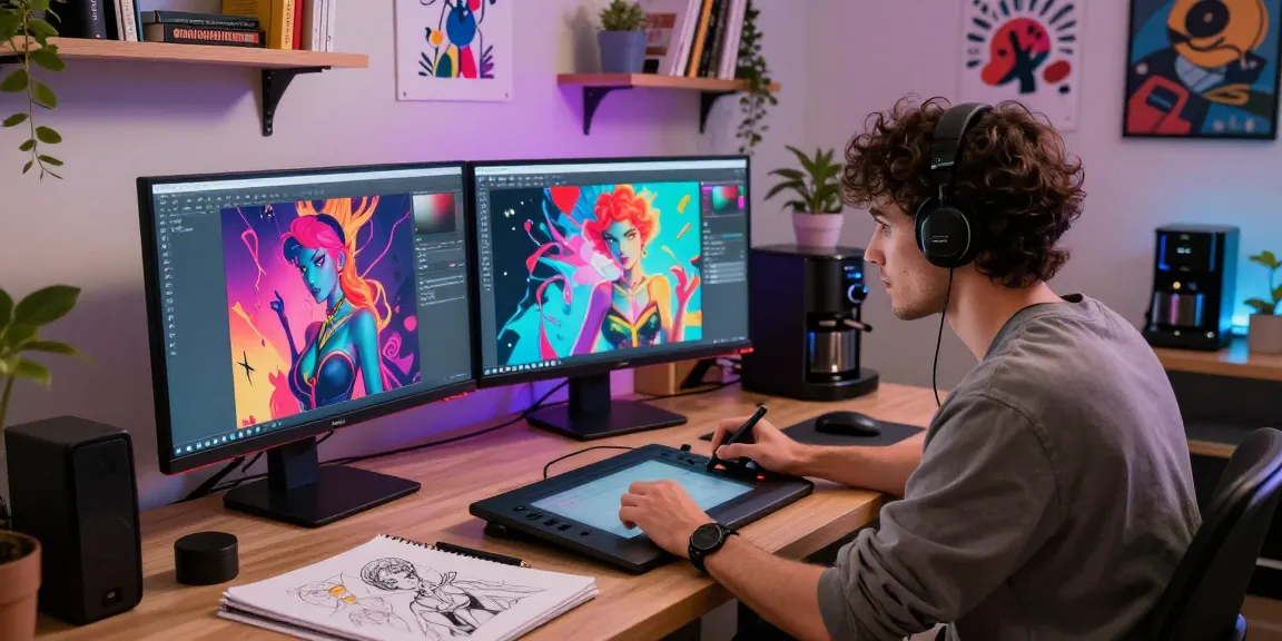 Artist creating AI NSFW art in a vibrant digital studio, showcasing creativity and technology.