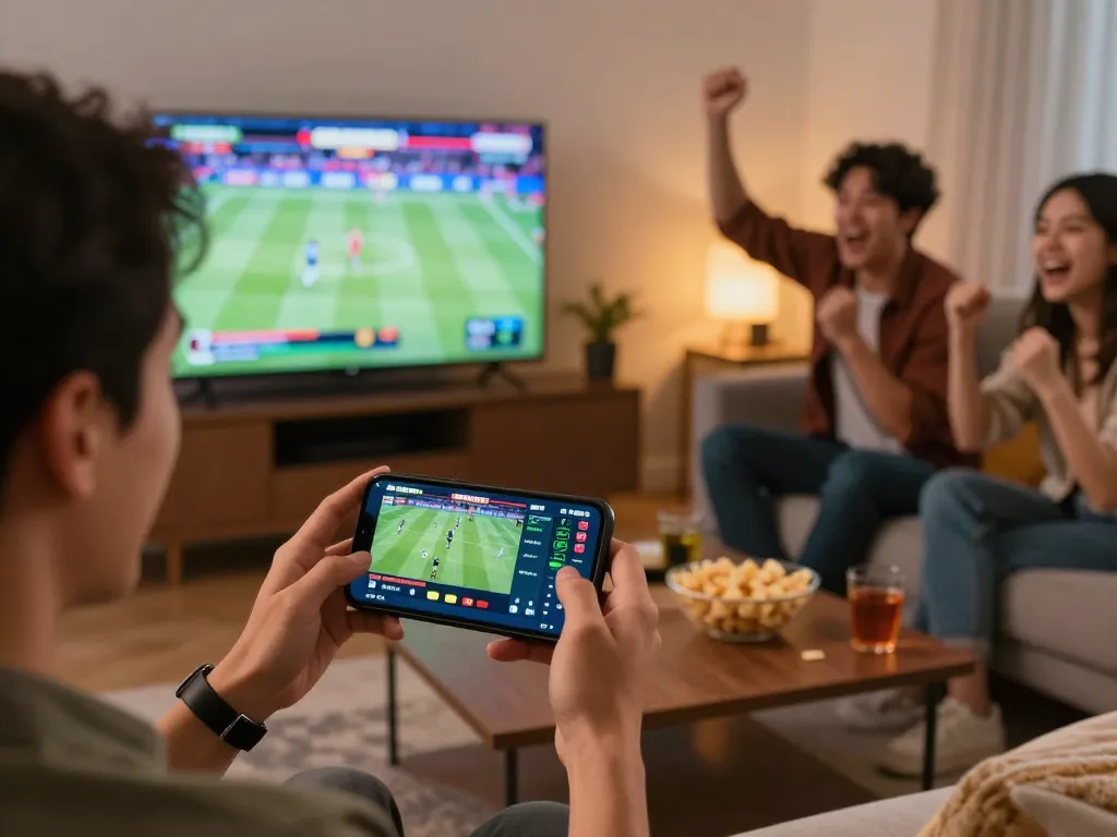 Engaging in live sports betting with nohu90 app on smartphone in a lively social setting.