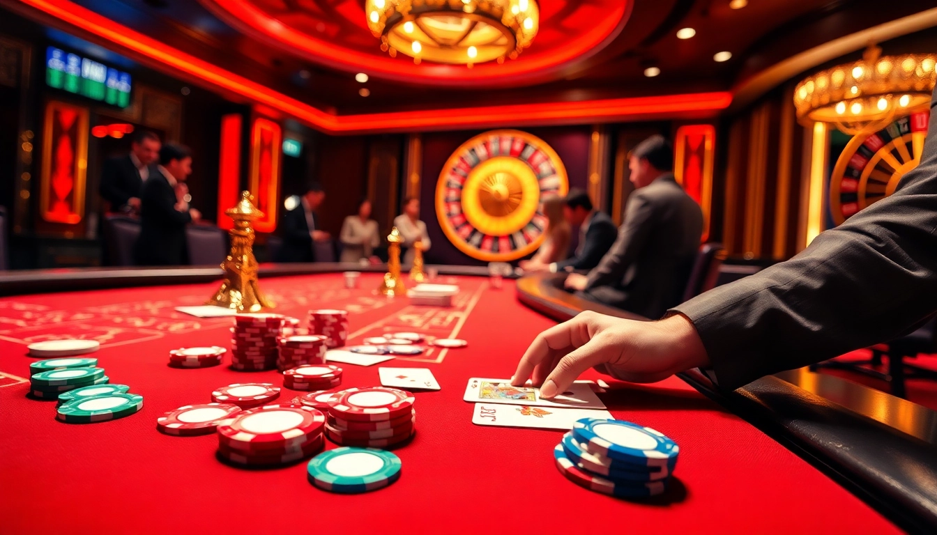 Players enjoying poker at a luxurious table with 13win cards and chips in a vibrant casino atmosphere.