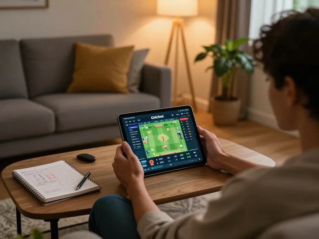 Engaged user betting on cricket at https://crickex.fit/ through mobile app in a cozy home setting.