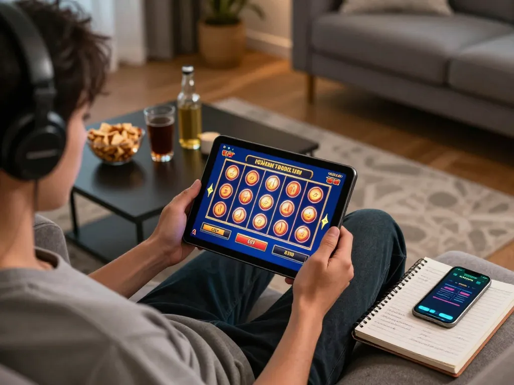 Enjoying a thrilling online slot game with toto action on a tablet in a cozy home