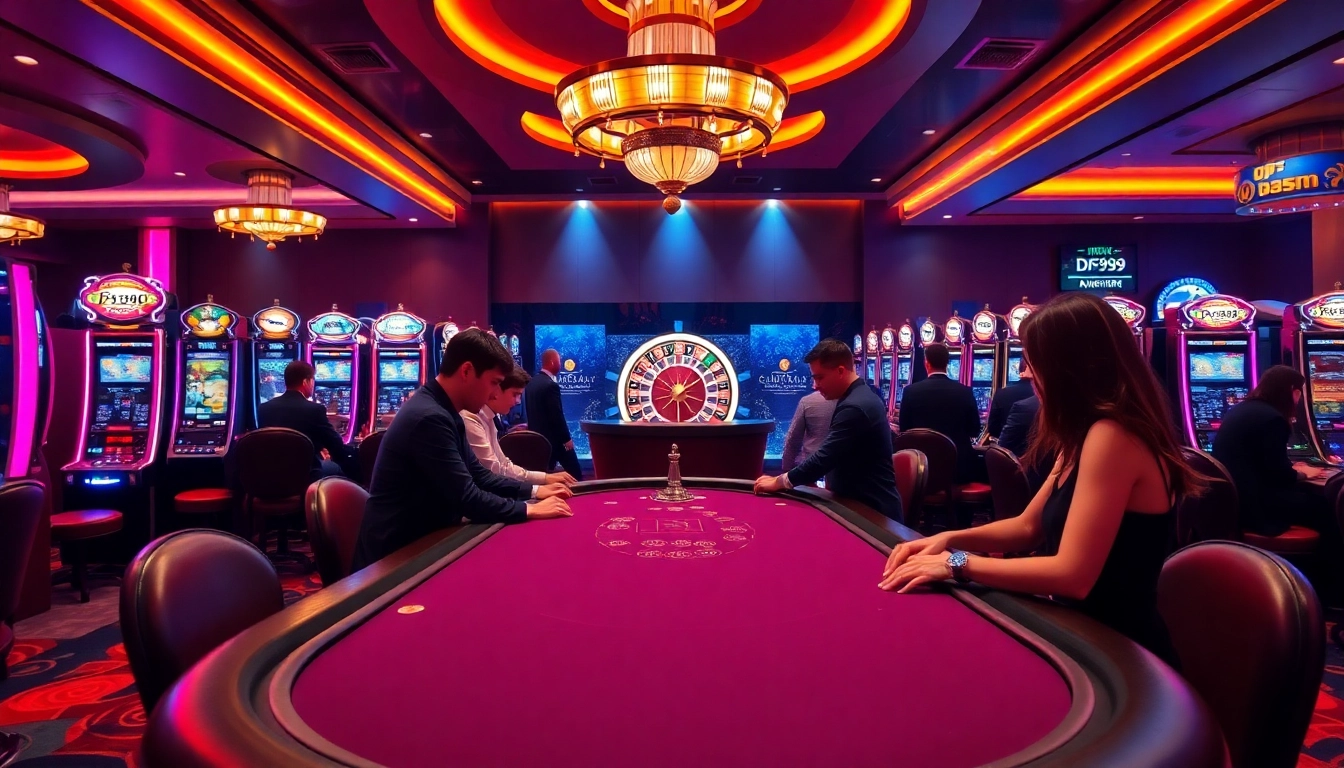 Engaging players at the DF999 casino, showcasing vibrant gaming tables and slot machines.