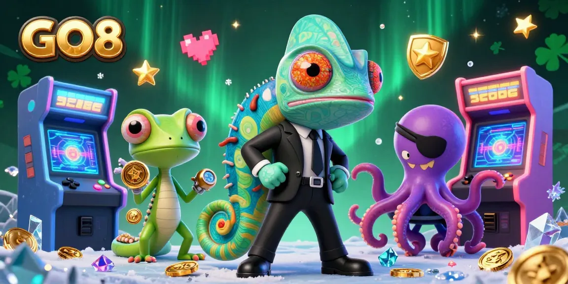 Engage in thrilling gaming at GO8 with colorful characters and dynamic casino elements in this vibrant illustration.