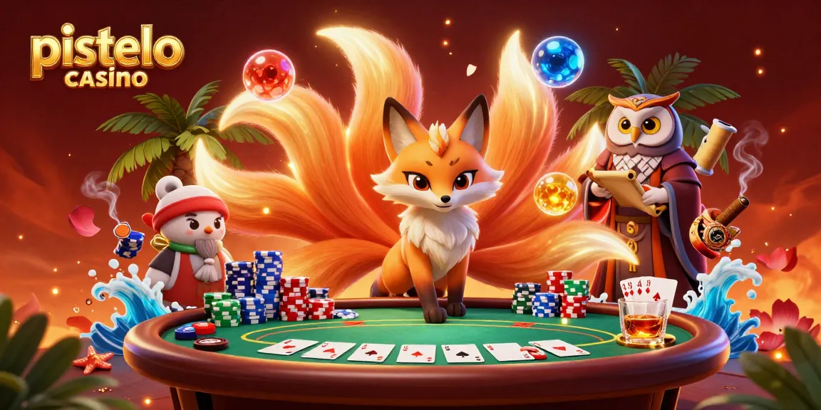 Pistolo casino showcases a vibrant 3D illustration with a nine-tailed fox and wise owl engaging in a lively poker scene.