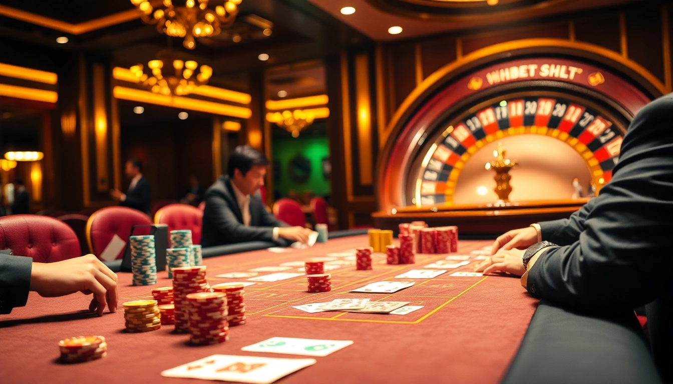 SHBET casino scene featuring colorful poker chips and a roulette wheel in an exciting environment