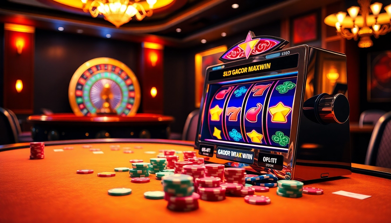 Menang besar dengan slot gacor maxwin dalam suasana kasino yang berwarna-warni menampilkan mesin slot mewah.