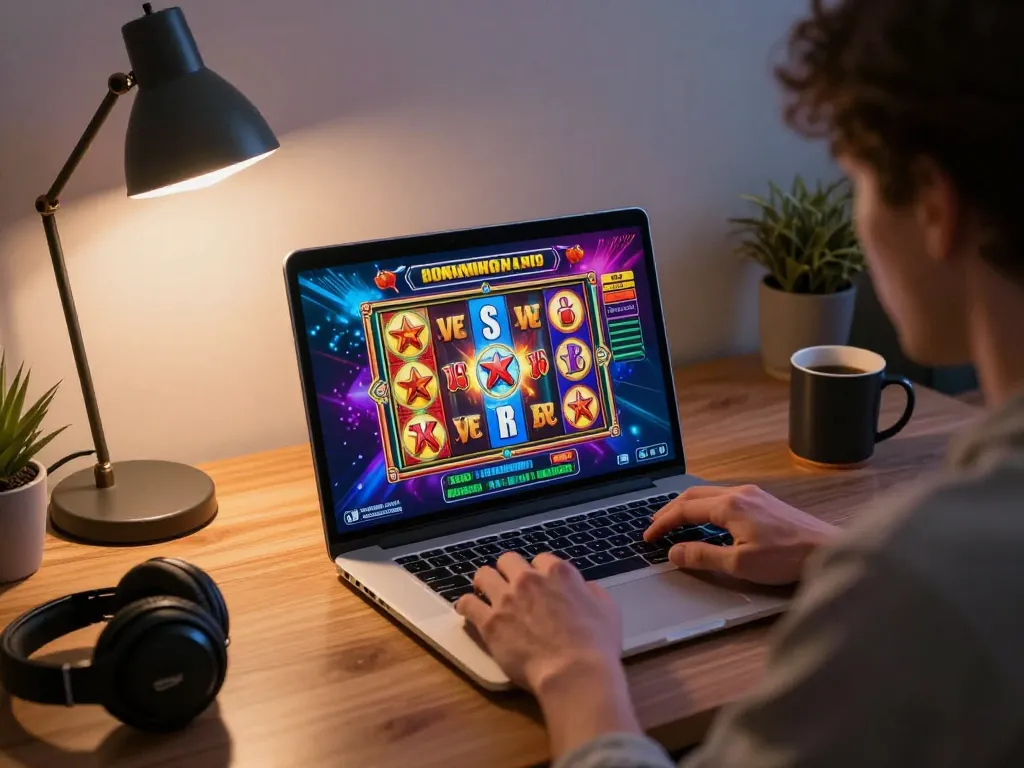 KONG88 player enjoying an exciting slot game interface on a laptop in a modern home setting