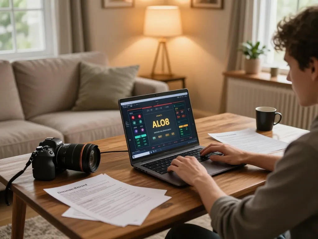 Engaged player strategizing for ALO8 gameplay at a cozy home setup with notes.