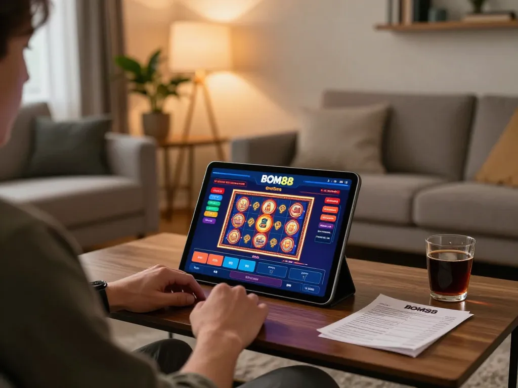 BOM88 player enjoying vibrant slot games on a tablet in a cozy living room setting.