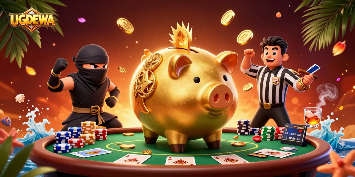 Win big with UGDEWA at an exciting poker showdown featuring vibrant characters and casino elements.