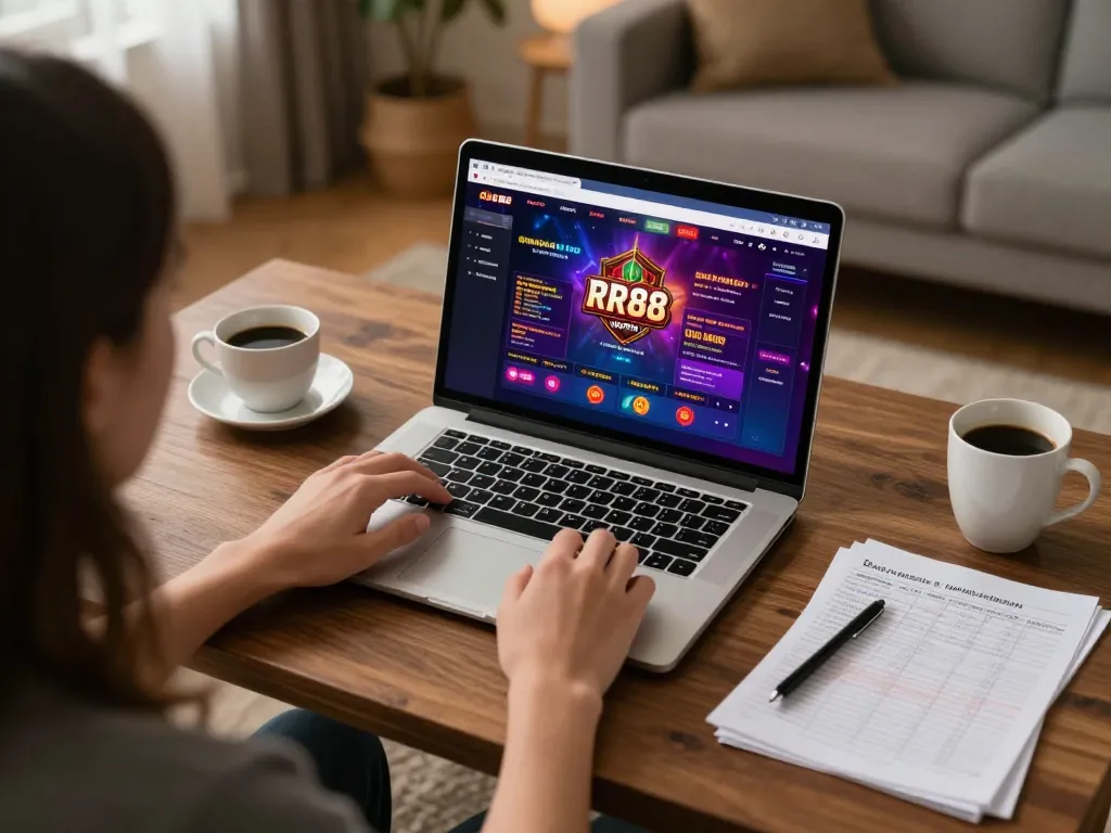 Engaging with the RR88 online casino platform at home, showcasing strategic gameplay
