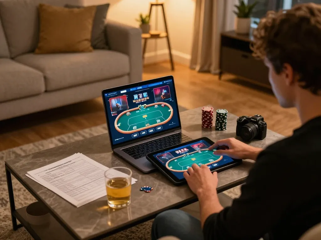 Experience thrilling online gaming with 388bet while strategizing poker moves in a cozy home setting.