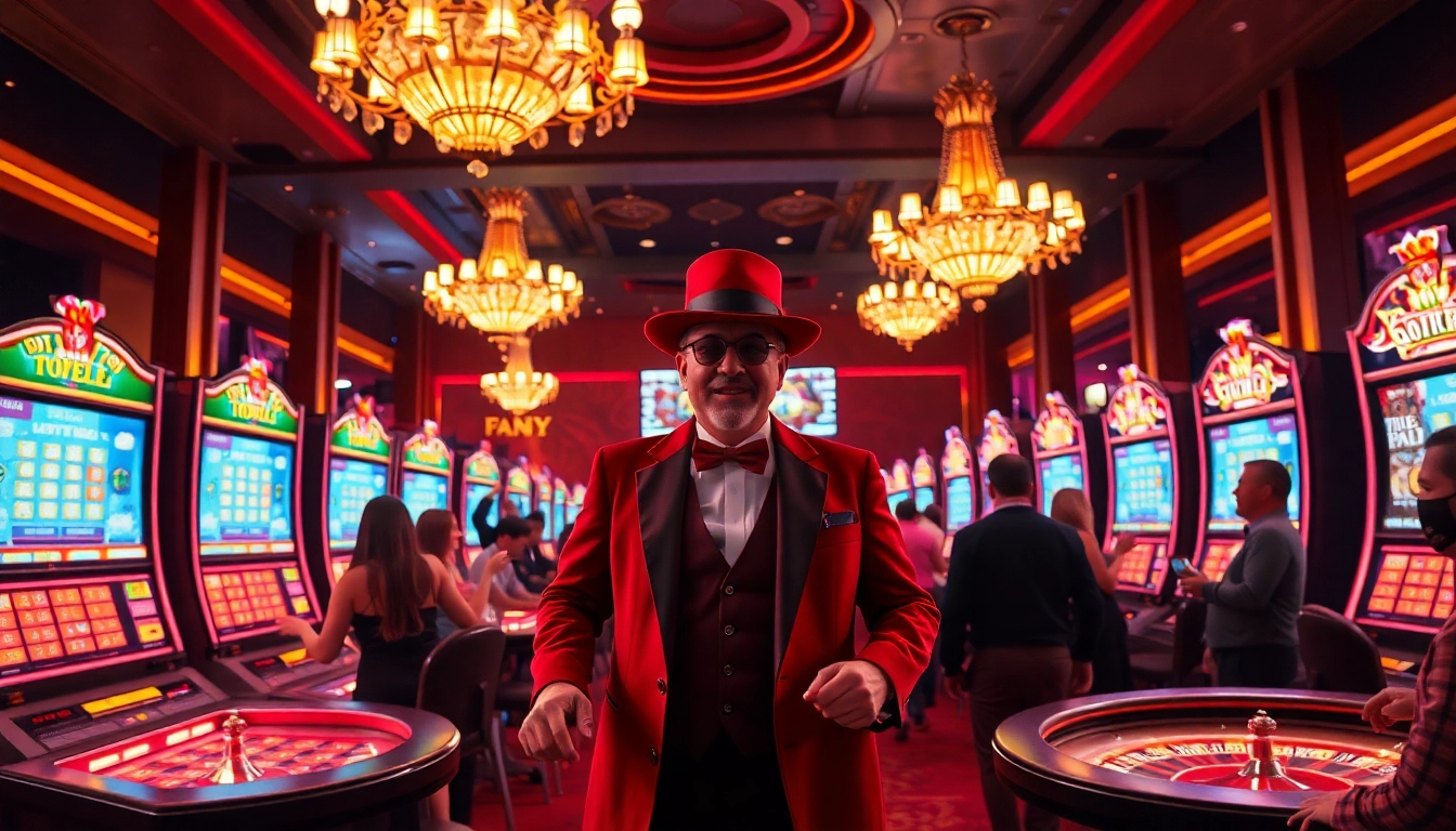MISTER HOKI engaging casino players amidst vibrant slot machines and roulette tables.