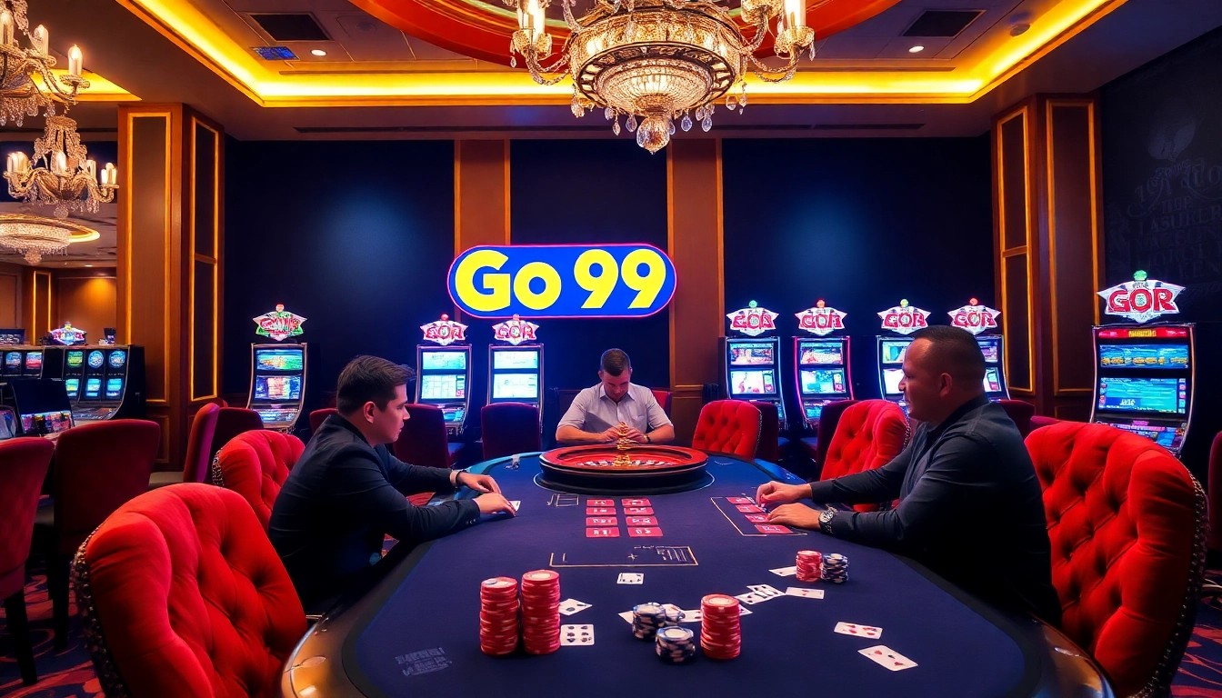Players enjoying a high-stakes poker game at Go 99 Casino, showcasing luxury and excitement.