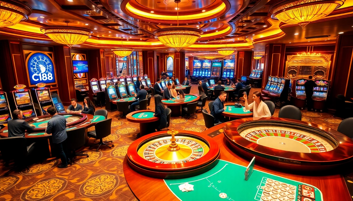 C168 casino gaming scene with roulette tables and excited players at a luxurious venue.