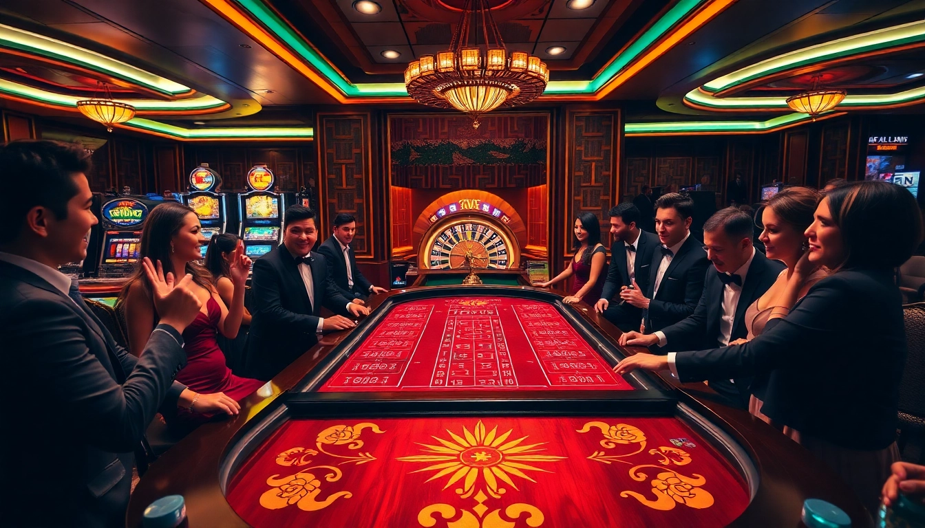 Experience the thrill of xn88 sòng bài at a luxurious casino table surrounded by players.