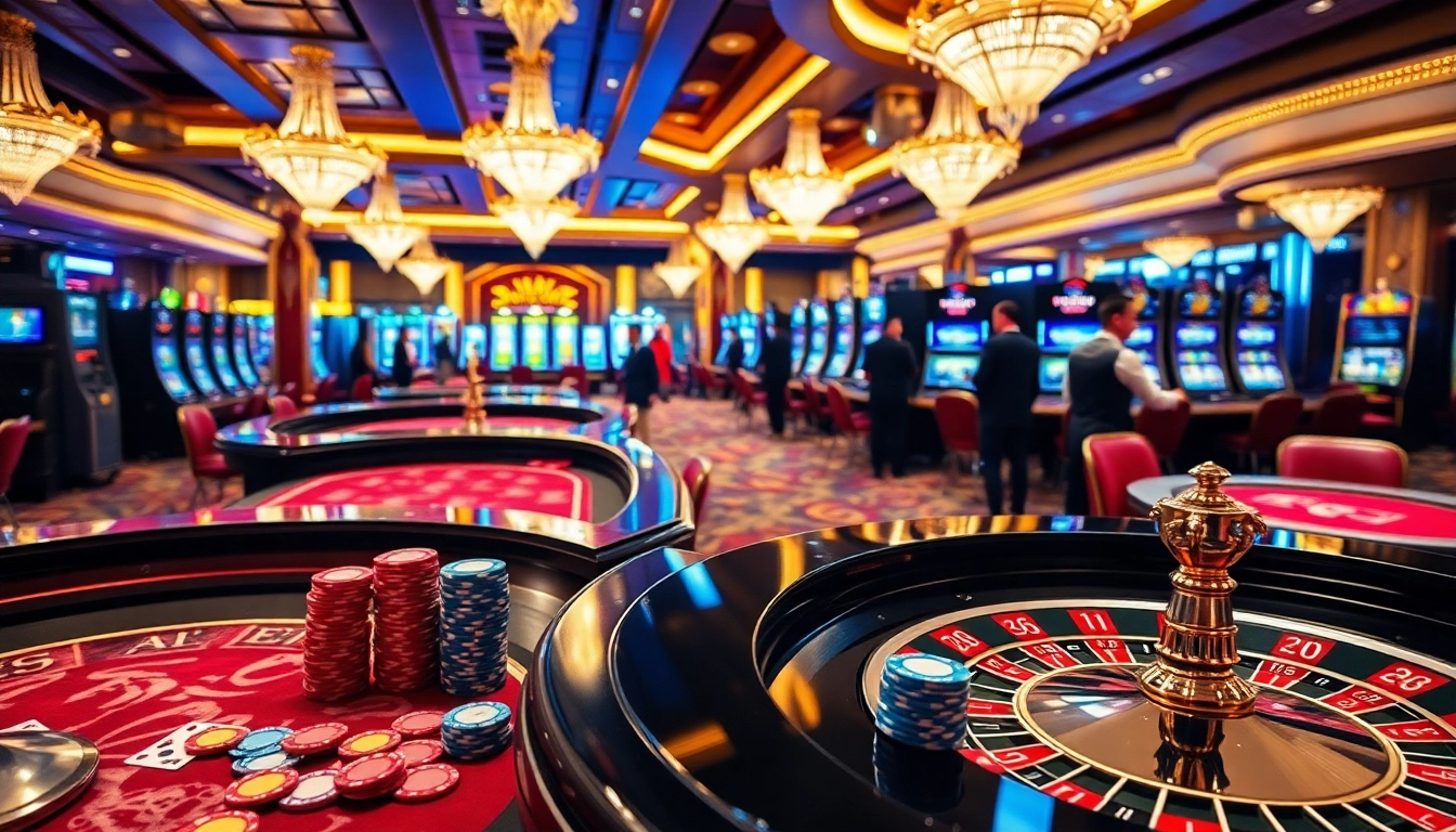 Experience thrilling gaming action at https://king888.dev/ with luxurious casino tables, vibrant poker chips, and slot machines.