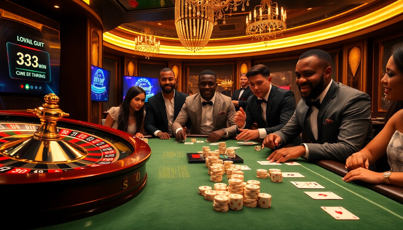 33win players engaged at a professional gambling table with excitement and luxury.