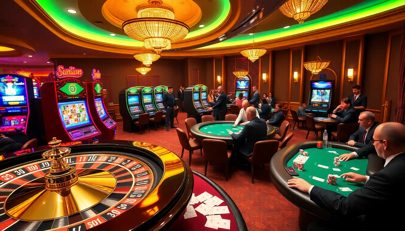 Gamblers enjoying a vibrant gaming experience at Sunwin's luxurious online casino, featuring roulette and poker.