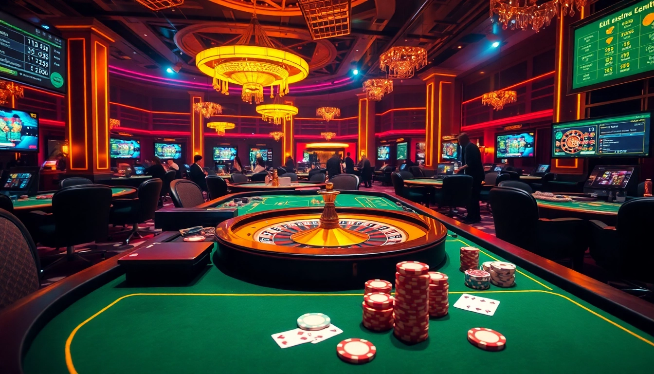 Experience the excitement at Bay789 with players enjoying roulette and poker in a luxurious casino setting.
