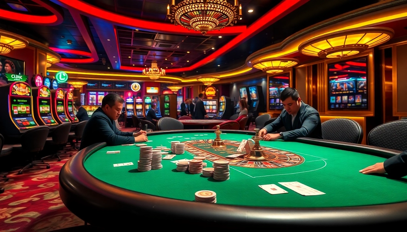 Exciting casino scene with poker players and vibrant slot machines, representing 789win trang chu.