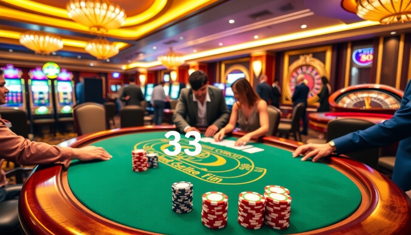 Exciting poker game scene at 33win casino with vibrant chips and professional dealer.