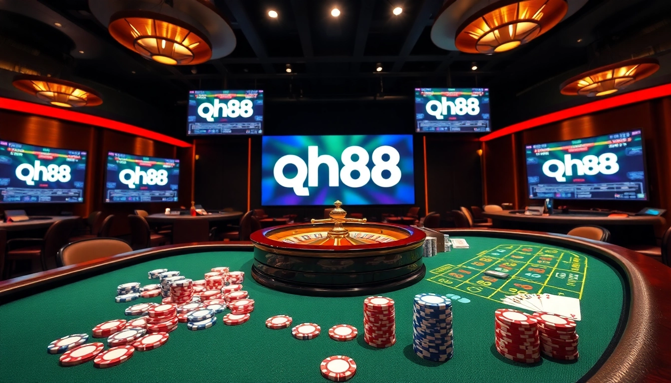Action-packed scene of qh88 casino with roulette wheel and poker chips on the table.