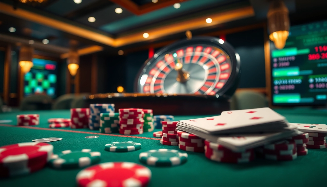 K88 casino table with poker chips and cards highlighting a thrilling gambling experience.