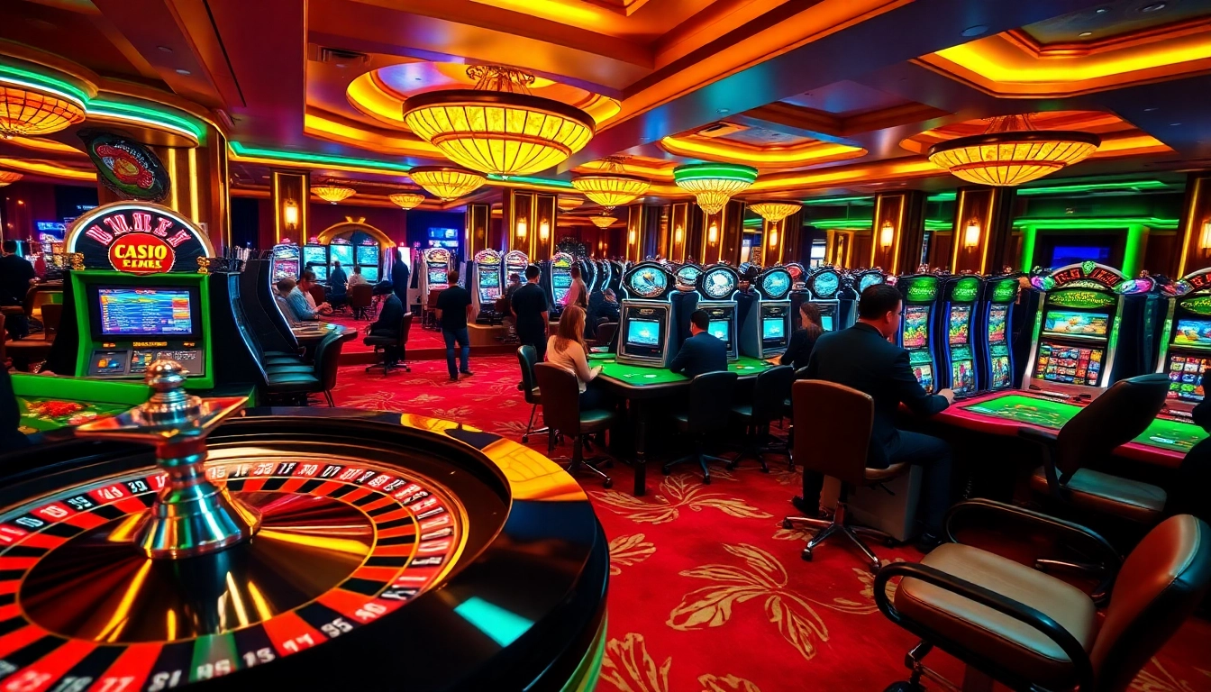 Players engage with immersive gaming at https://da88.bot/, featuring roulette, poker chips, and slot machines.