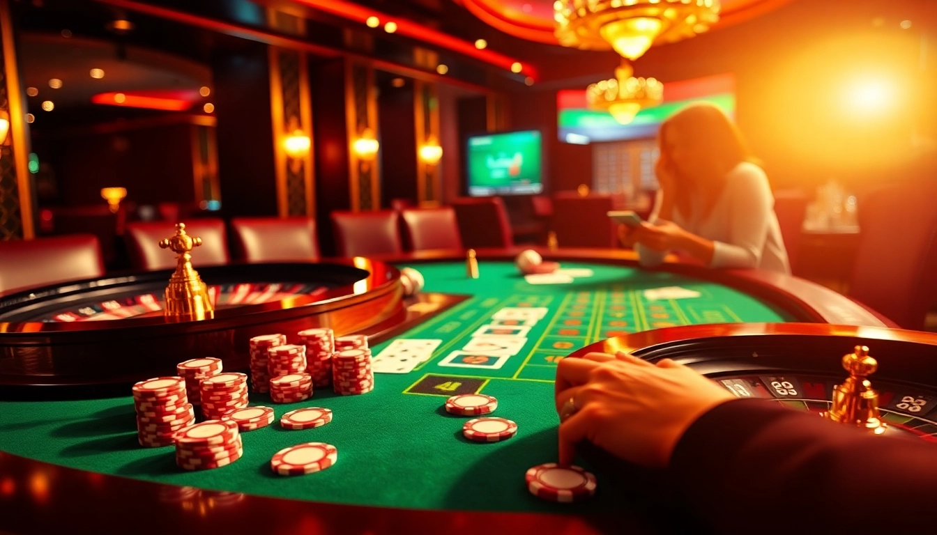 Exciting scene of online gambling at a luxurious casino table featuring เว็บตรง soibet with vibrant gaming elements.