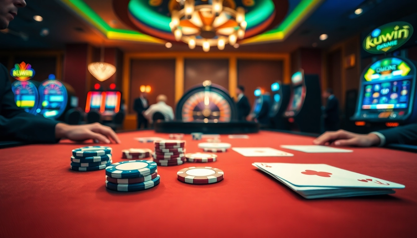 Kuwin players enjoying a thrilling poker game at an upscale casino table, surrounded by colorful slot machines.