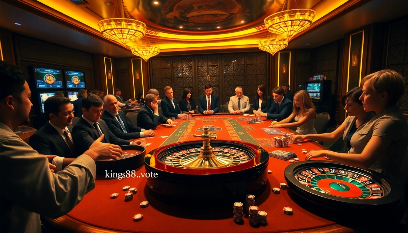 Exciting casino atmosphere at king88.vote featuring players at gaming tables and digital interfaces.