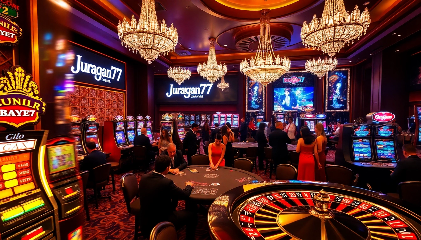 Guests enjoying thrilling games at Juragan77's luxurious casino, showcasing poker tables and vibrant slot machines.