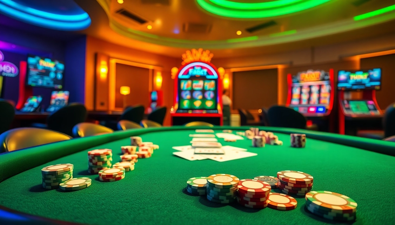 Experience high-stakes gambling at F8bet with vibrant casino visuals showcasing poker tables.