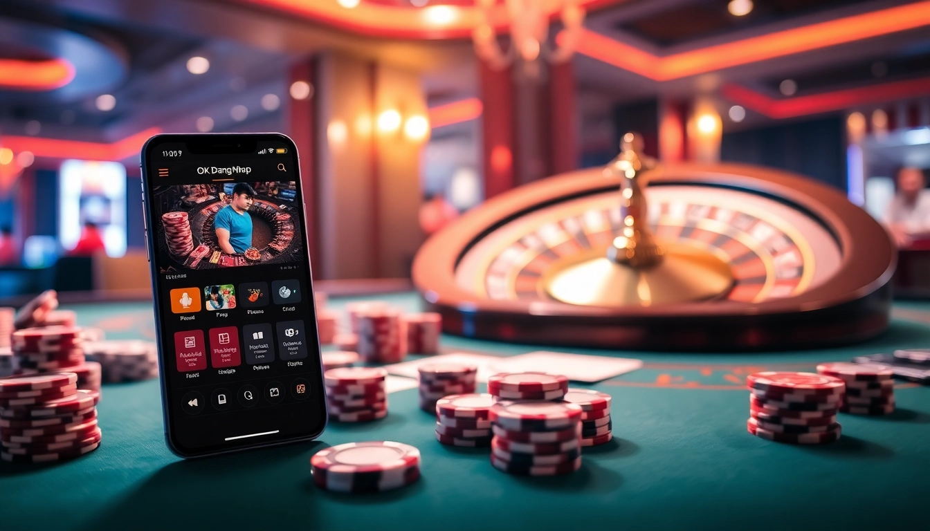 Engage in thrilling games with OK9 Dang Nhap on a mobile interface amid a luxurious casino backdrop.