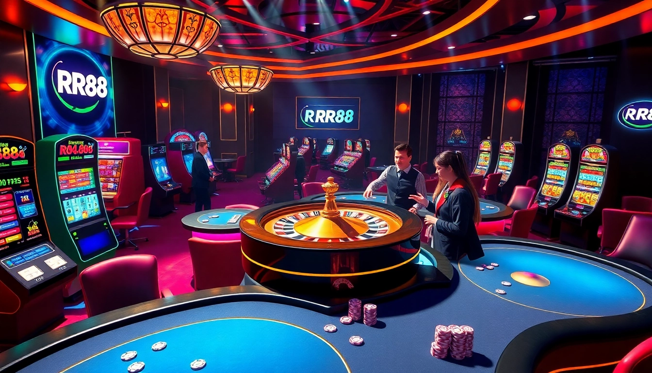 Exciting gambling experience at RR88 with casino tables and slot machines in action.