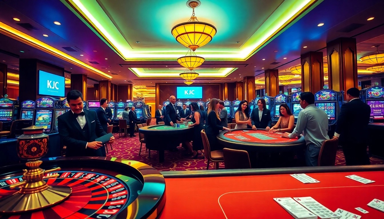 KJC casino scene showcasing luxury gaming tables and vibrant slot machines